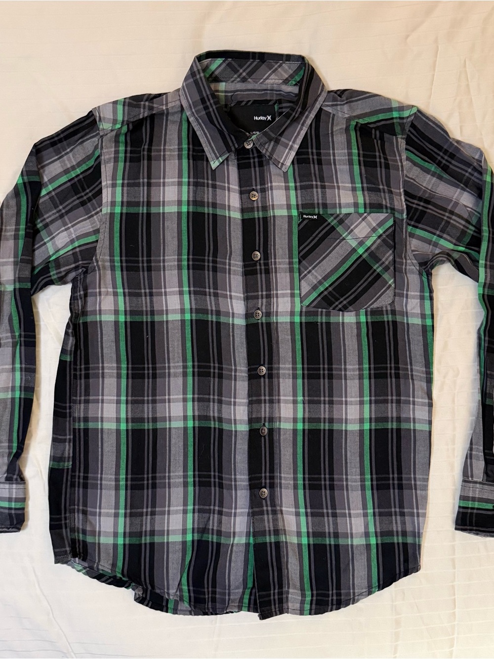 Hurley Men's Black, Gray & Green Plaid Button-Down Long Sleeve Shirt sz L